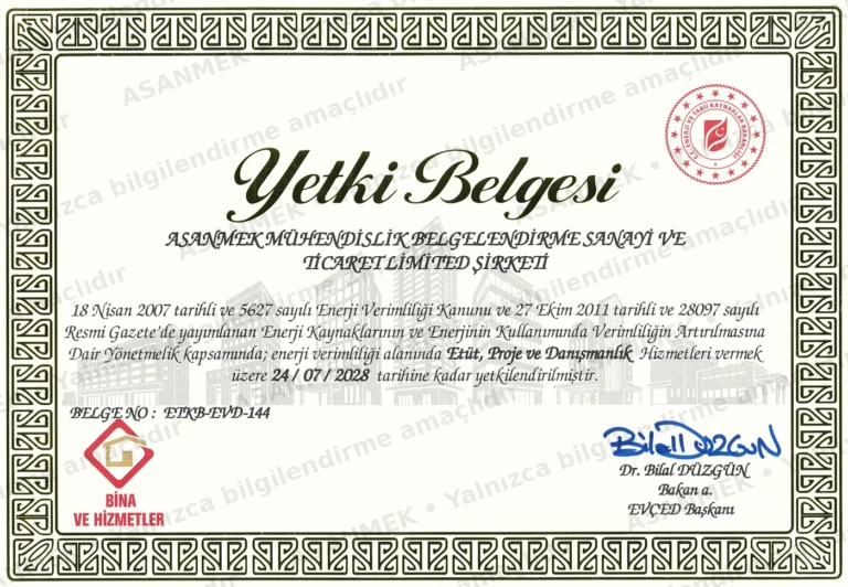 ASANMEK bina ve hizmetler sektörü EVD yetki belgesinin filigranlı önizlemesi